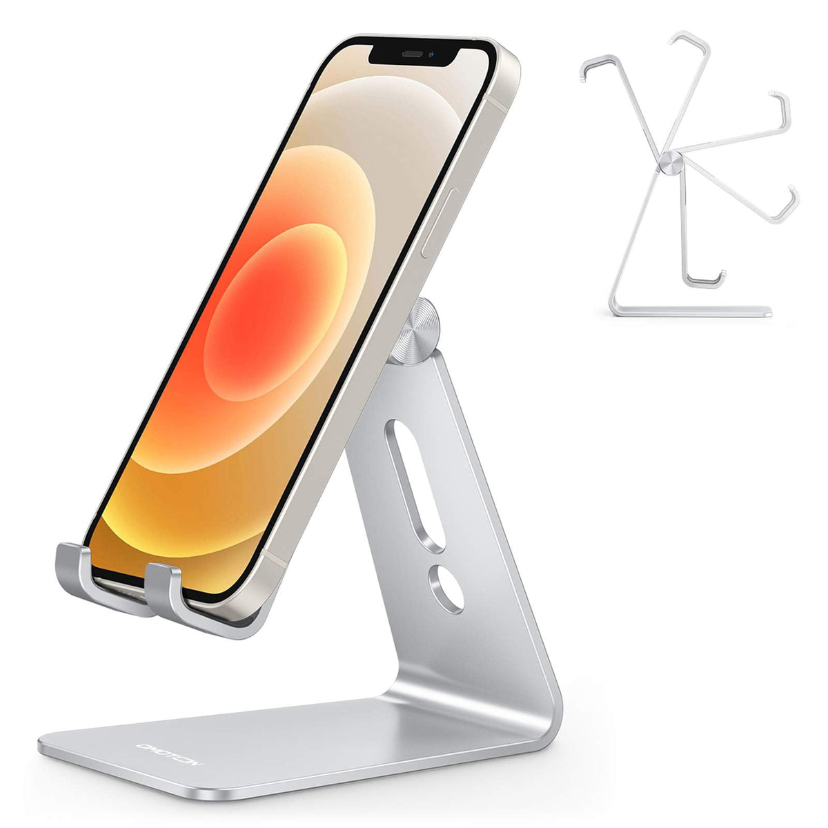OMOTON C2 Adjustable Aluminum Cell Phone Stand with Charging Cutout, Silver