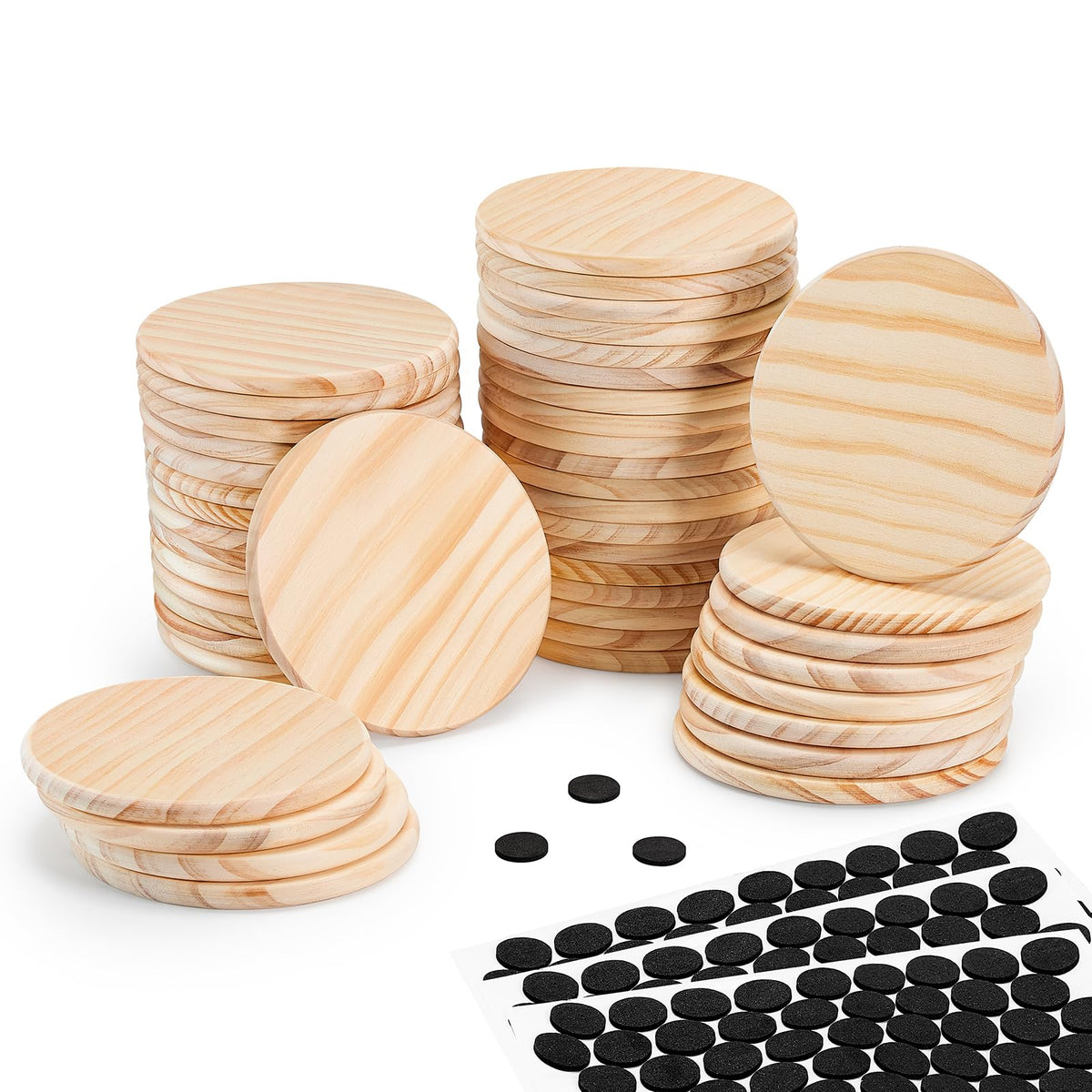46Pcs Unfinished Wood Coasters-4" Unfinished Natural Wood Slices for Crafts Round with Non-Slip for Wedding Decoration/Blank Coasters Wood Kit DIY Architectural Models Drawing Painting Wood Engraving