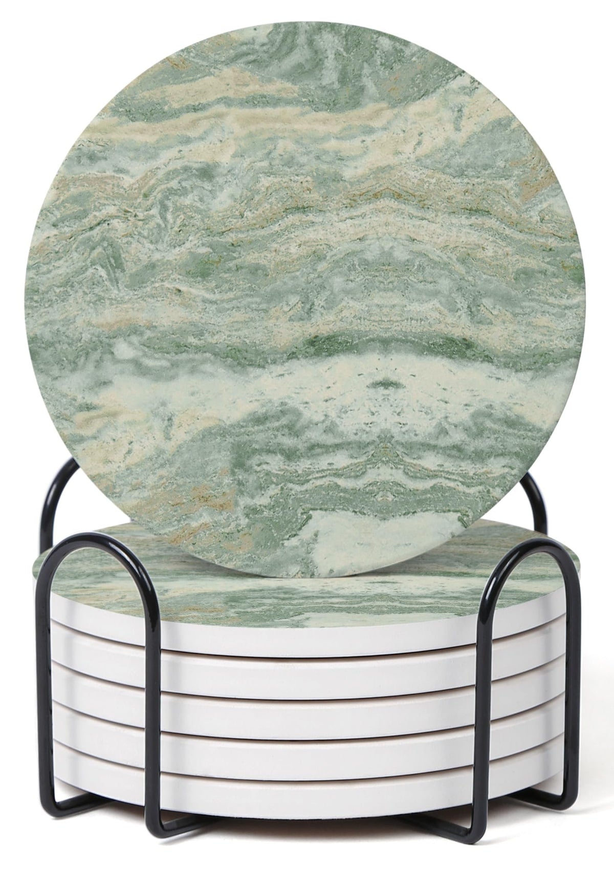 Set of 6 Sage Green Abstract Onyx Marble Coasters with Holder, Absorbent Ceramic Coasters for Drinks, Coasters with Cork Backing for Table Protection, Coffee Table Decor