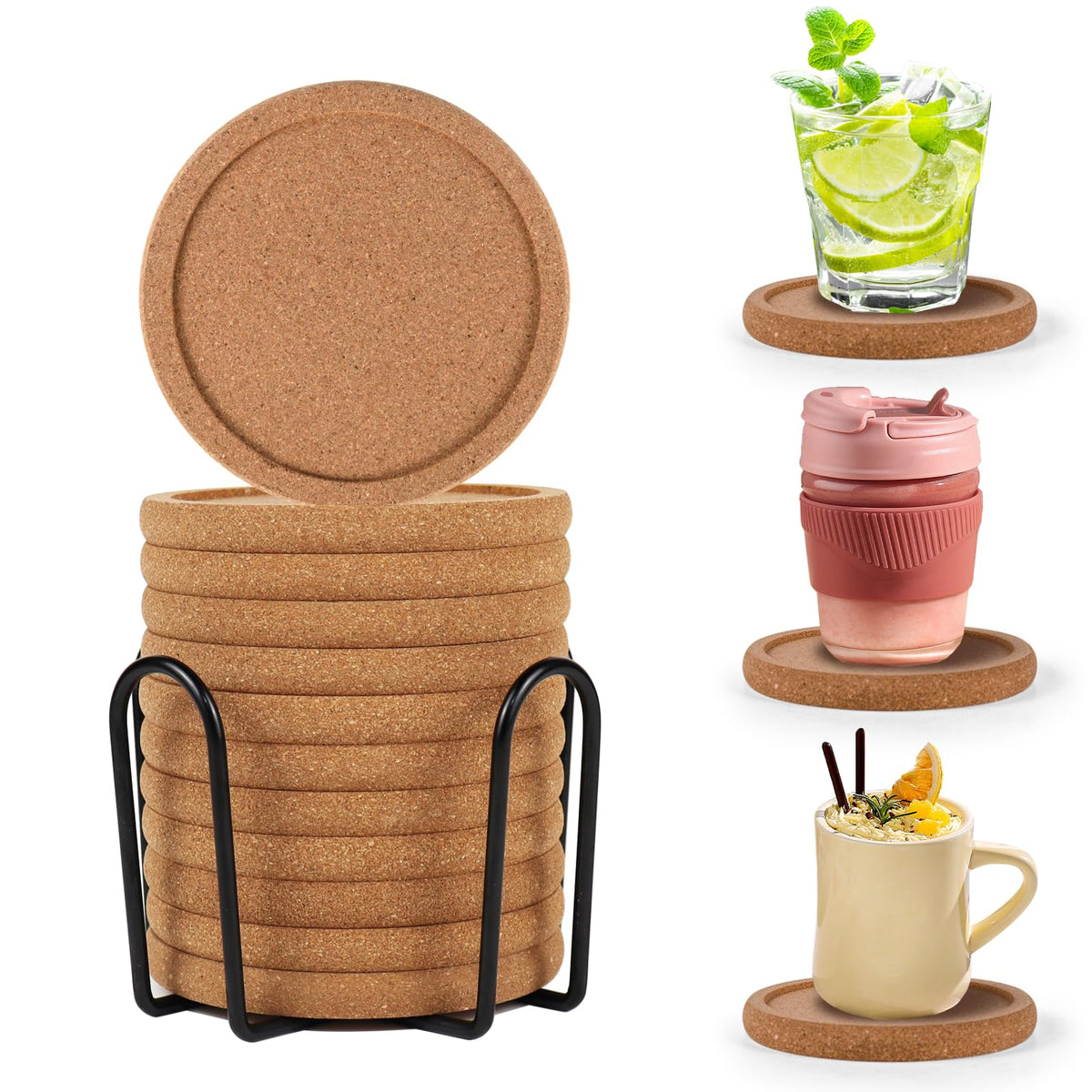 Cork Coasters for Drinks Set of 8 with Holder, 4 in Diameter