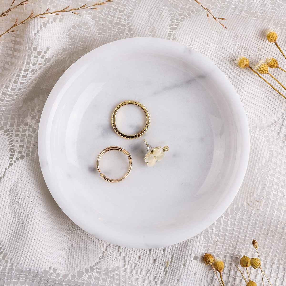 Natural Marble Travertine Ring Dish Jewelry Tray 5.5" for Women, Marble Trinket Dish for Key Earring Nightstand, Mother's Day Engagement Birthday Gift - Beige Travertine