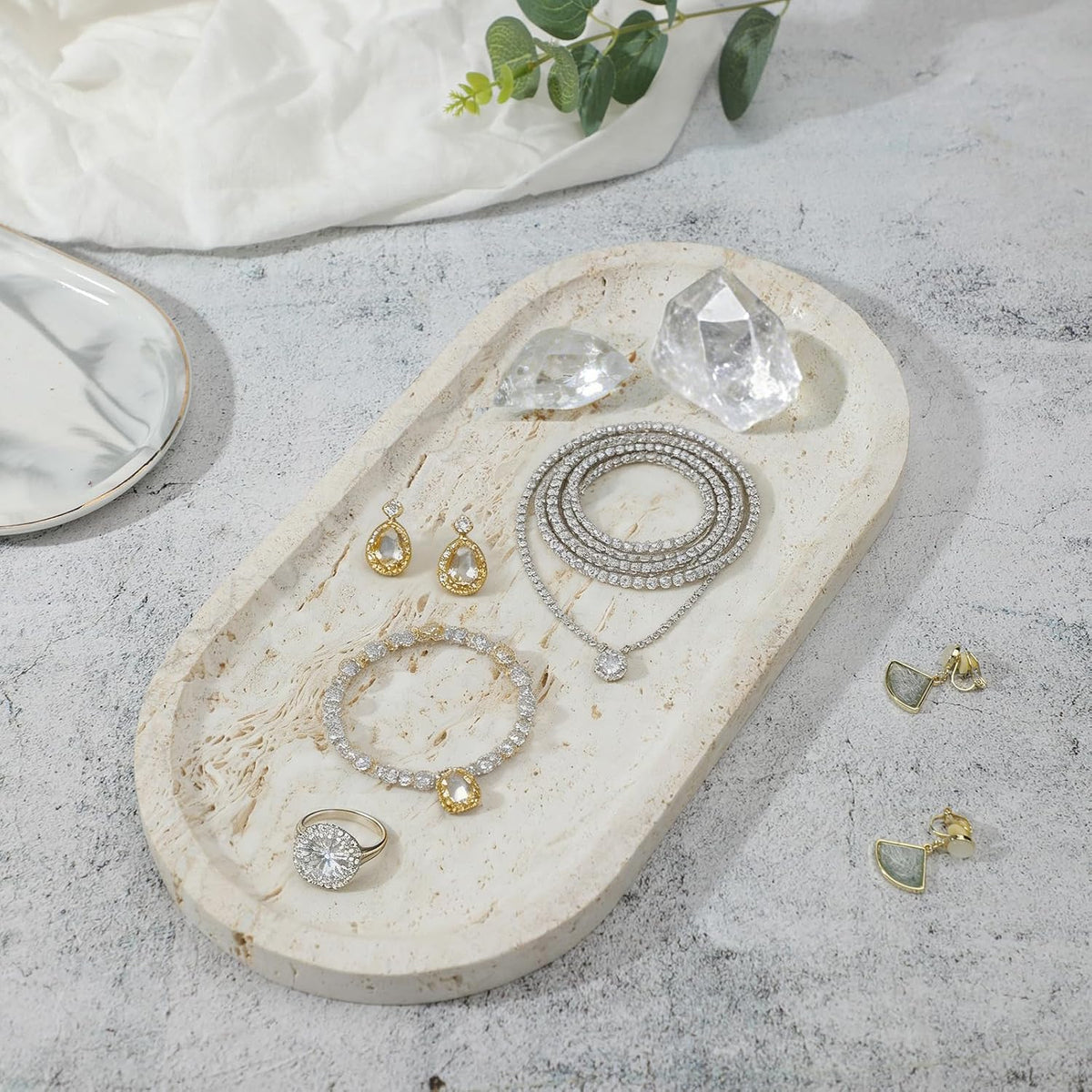 Natural Travertine Marble Tray, Bathroom Dresser Tray for Countertop, Decorative Dish Organizer for Jewelry, Toiletries, Cosmetics, Incense, Candles