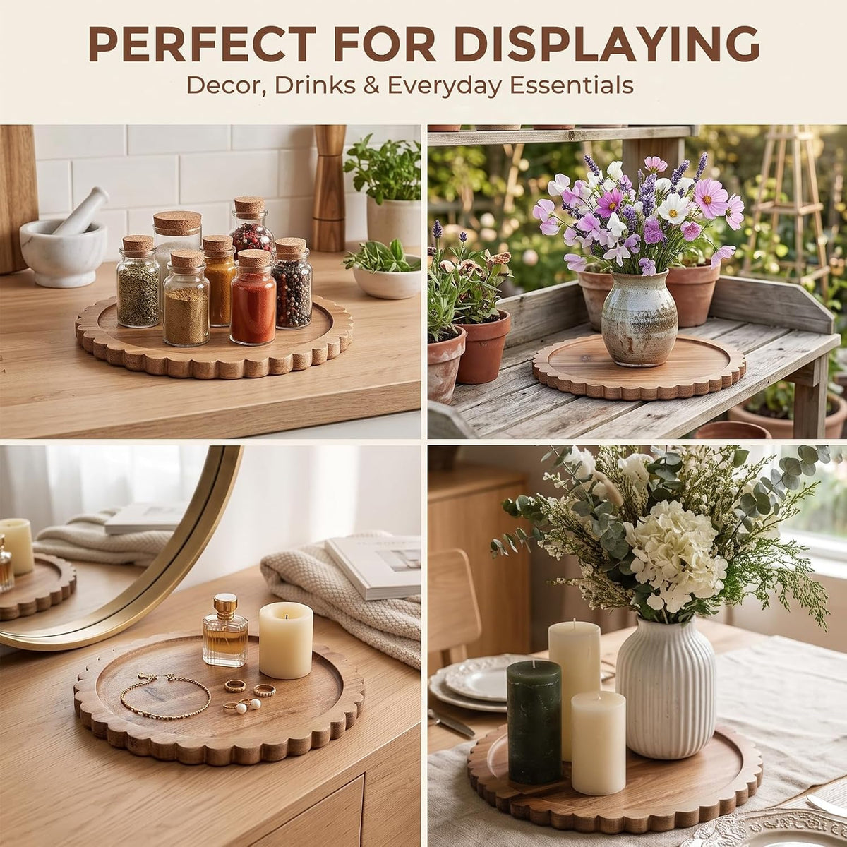 Solid Acacia Wood Decorative Tray, 12 Inch Round Scalloped Wood Tray Wooden Coffee Table Tray