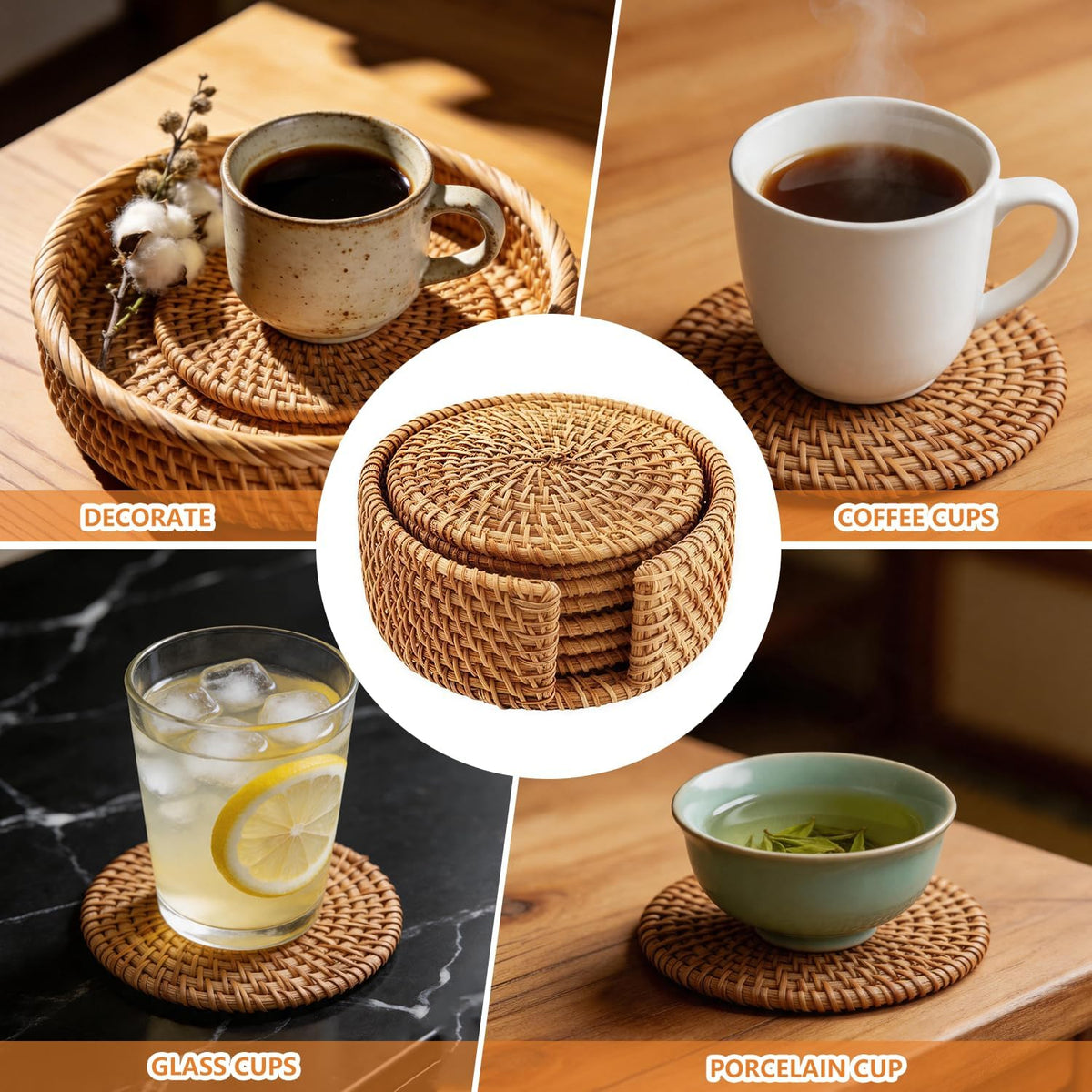 6PCS Natural Handmade Rattan Coasters with Holder - Wicker Drink Coasters Set, Housewarming Gifts Coastal Decoration Boho Coasters
