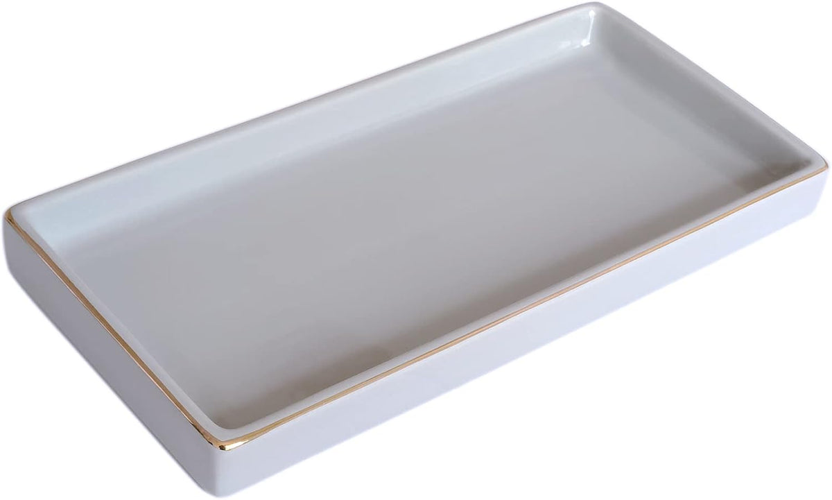 10 x 5 Ceramic Bathroom Tray for Countertop, Decorative Vanity Tray for Dresser Tops, Small Rectangular Trays for Perfume, Candle, Jewelry, Cosmetics (Black)