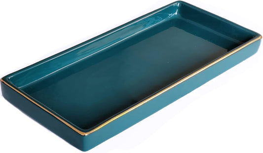 10 x 5 Ceramic Bathroom Tray for Countertop, Decorative Vanity Tray for Dresser Tops, Small Rectangular Trays for Perfume, Candle, Jewelry, Cosmetics (Green)