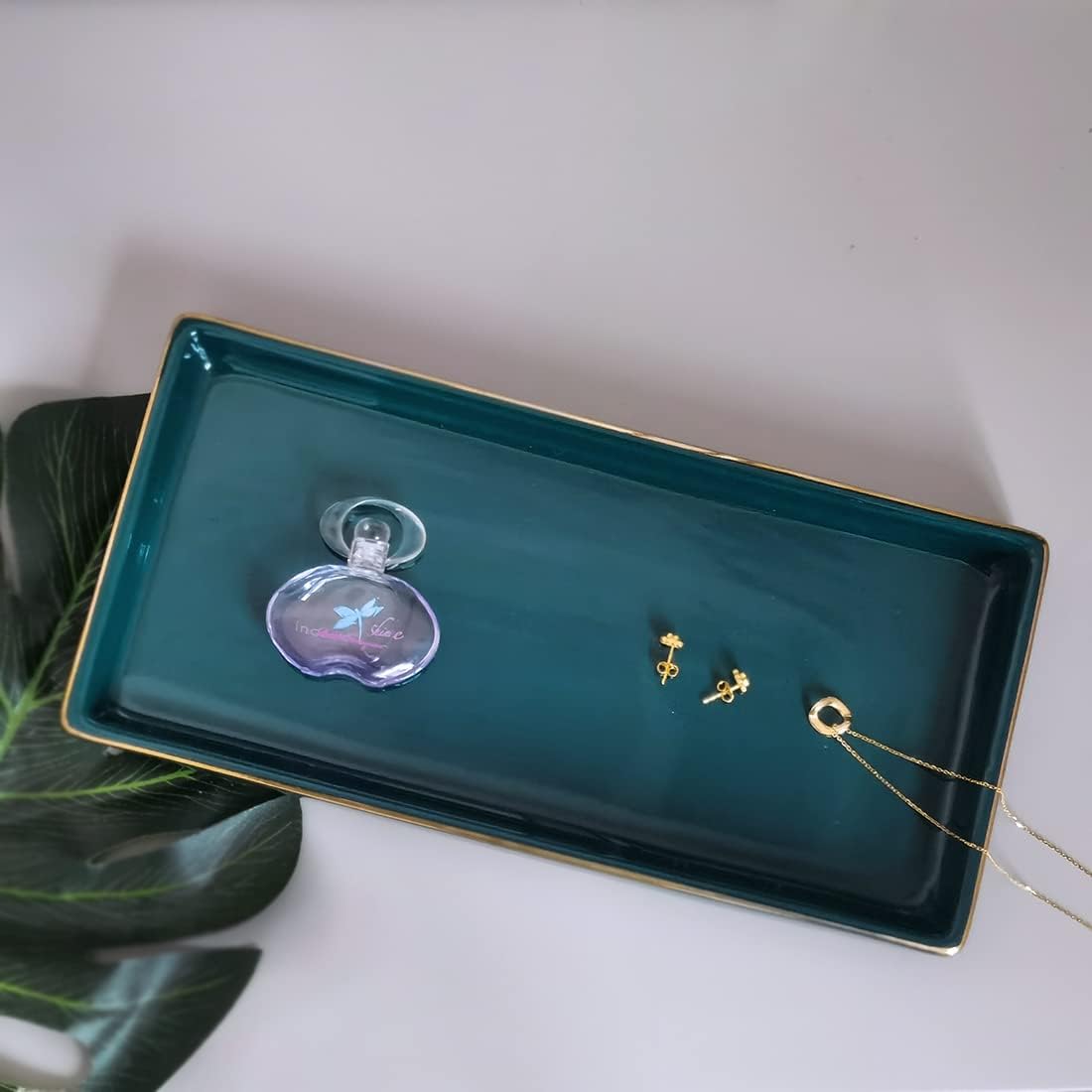 10 x 5 Ceramic Bathroom Tray for Countertop, Decorative Vanity Tray for Dresser Tops, Small Rectangular Trays for Perfume, Candle, Jewelry, Cosmetics (Green)