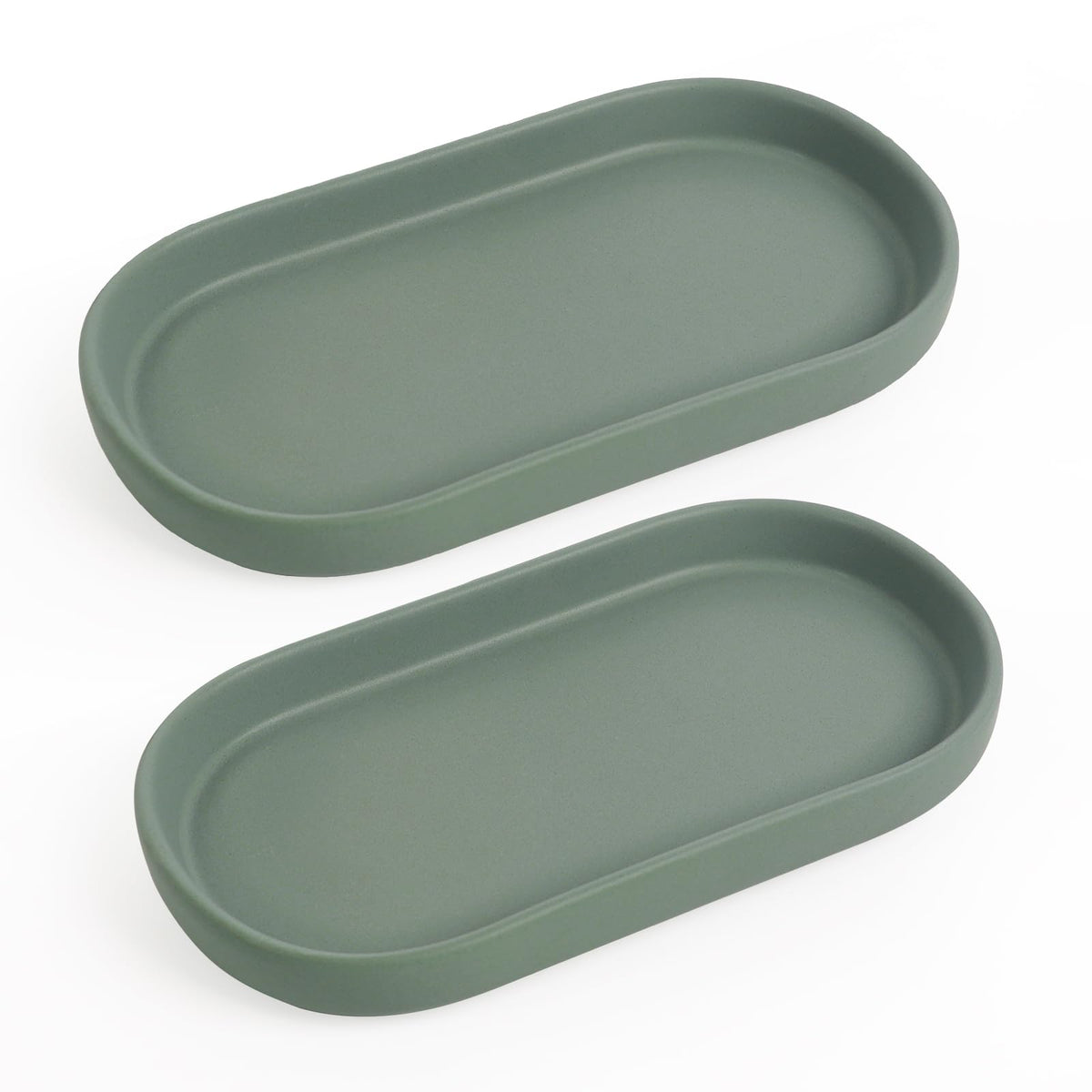 INGOFIN 7" Ceramic Bathroom Vanity Tray Set- 2 Pcs Bathroom Organizer Countertop Tray for Perfume, Jewelry, Small Kitchen Counter Soap Tray, Decorative for Bathroom Vanity and Toilet Tank, Green