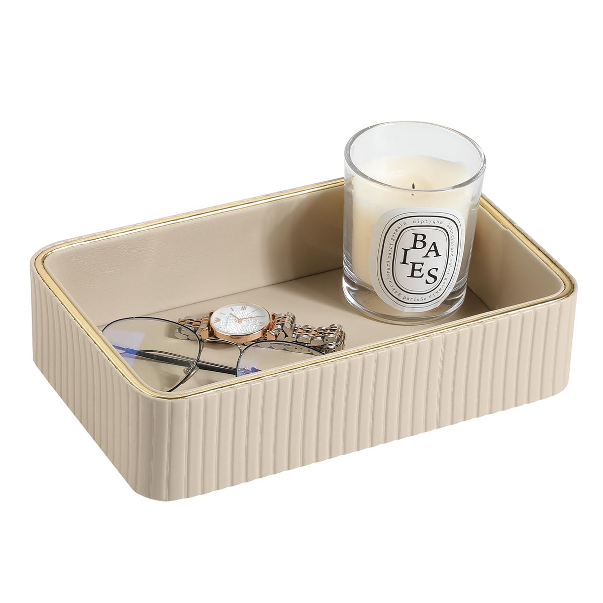 Desk Organizer Tray, PU Leather Nightstand Organizer, Ivory, Small