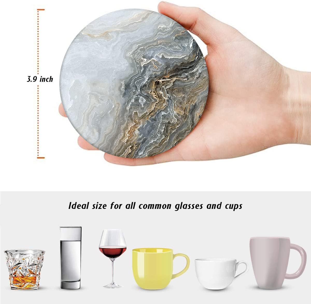 Britimes Coasters for Drinks, Set of 6, Ceramic Stone, Grey Marble