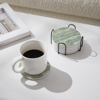 Set of 6 Sage Green Abstract Onyx Marble Coasters with Holder, Absorbent Ceramic Coasters for Drinks, Coasters with Cork Backing for Table Protection, Coffee Table Decor