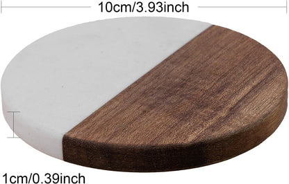 Marble Coasters: 4-piece Set of Acacia Wood Marble Coasters, Suitable for Kitchens, Offices, and can be Used as Gifts (Round White)