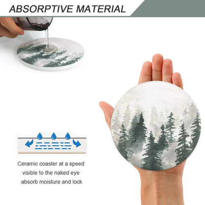 Lahome Forest Pattern Coasters - Round Drinks Absorbent Stone Coaster Set with Ceramic Stone and Cork Base for Kinds of Mugs and Cups (Forest, 4)