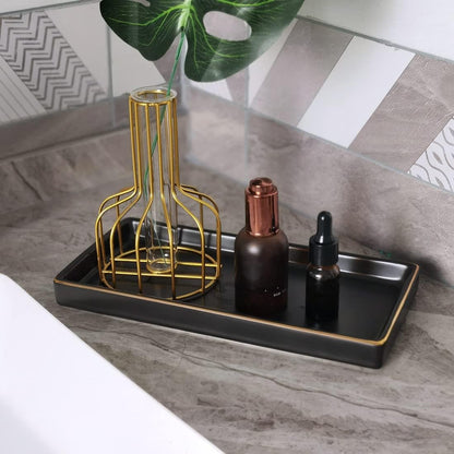 10 x 5 Ceramic Bathroom Tray for Countertop, Decorative Vanity Tray for Dresser Tops, Small Rectangular Trays for Perfume, Candle, Jewelry, Cosmetics (Black)