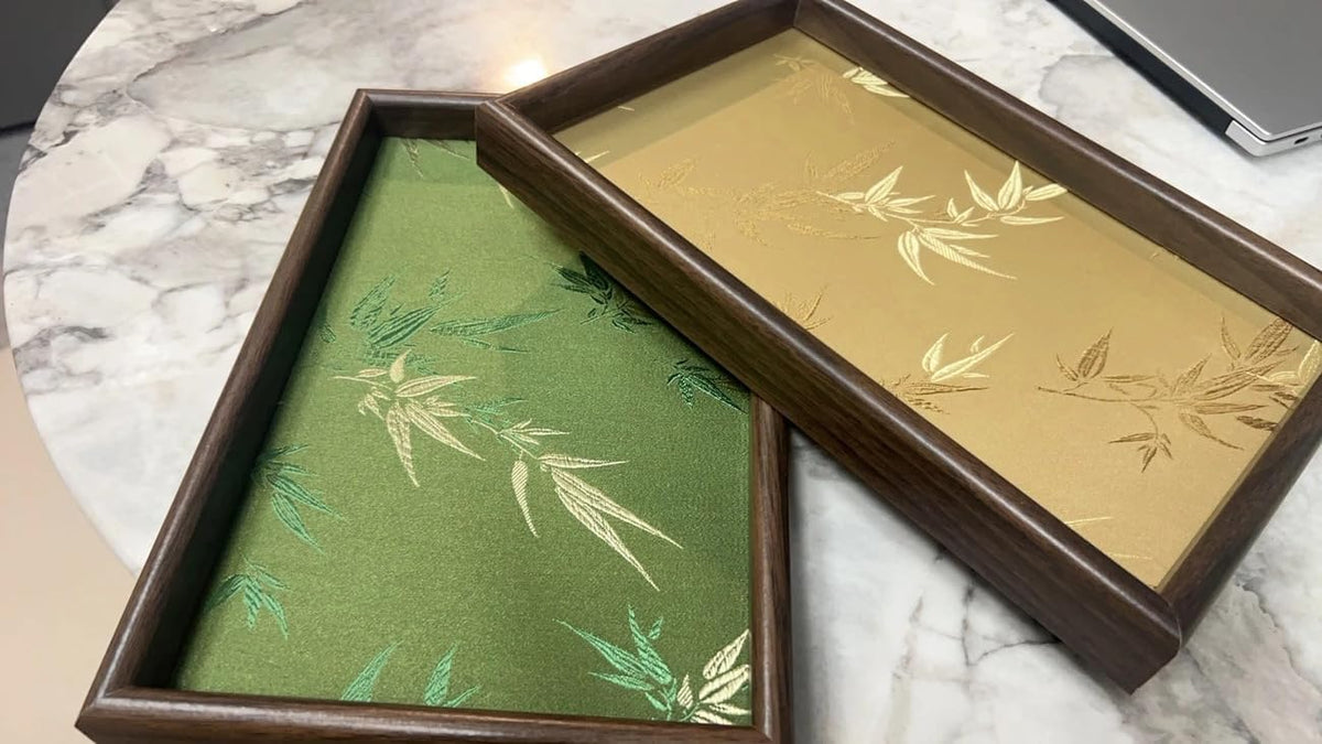 Bamboo Embroidered Decorative Tray Wooden Catchall Tray for Dresser, Nightstand, Entryway Table, Jewelry, Keys and Small Items