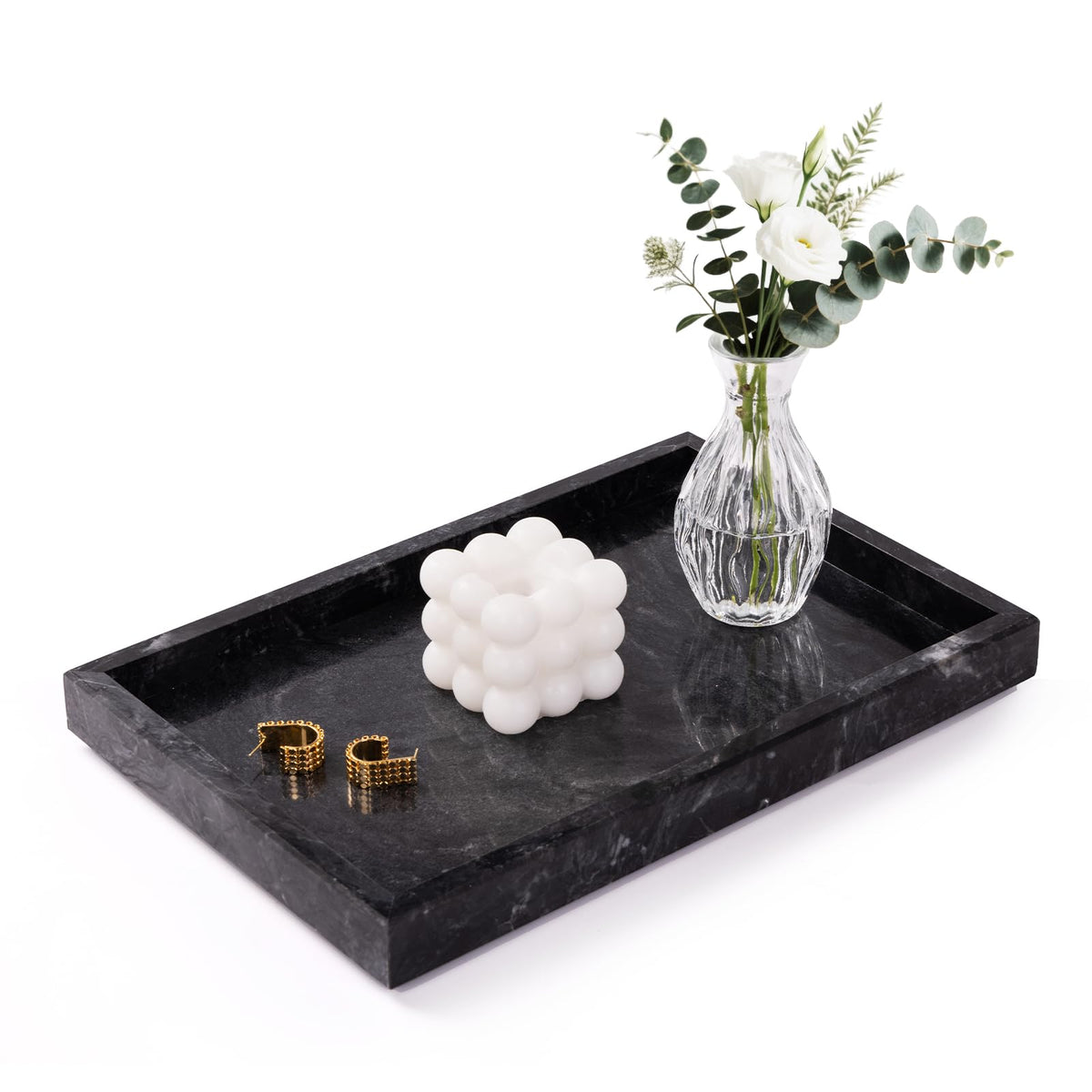 Marble Bathroom Tray for Countertop & Home Decor, Natural Decorative Marble Tray for Jewelry & Perfume Organizer, Luxury Stone Vanity Trays for Dresser, Kitchen Counter, 12" x 8", Gray Black