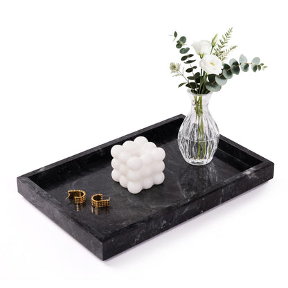 Marble Bathroom Tray for Countertop & Home Decor, Natural Decorative Marble Tray for Jewelry & Perfume Organizer, Luxury Stone Vanity Trays for Dresser, Kitchen Counter, 12" x 8", Gray Black