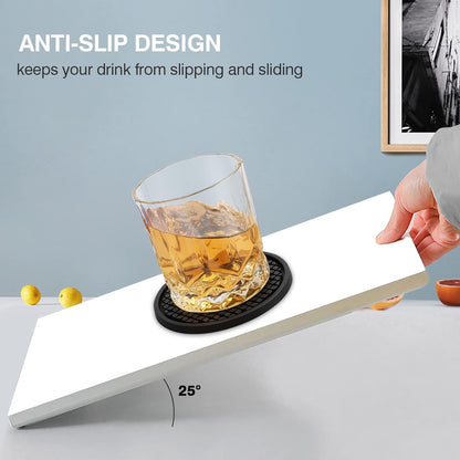 3 Pack Silicone Coasters for Drinks, Thickened Black Coaster with Deep Tray Grooved Design Cup Mat, Washable Heat Resistant Durable Non-Slip Coasters for Coffee Table Wooden Desk Kitchen Bar