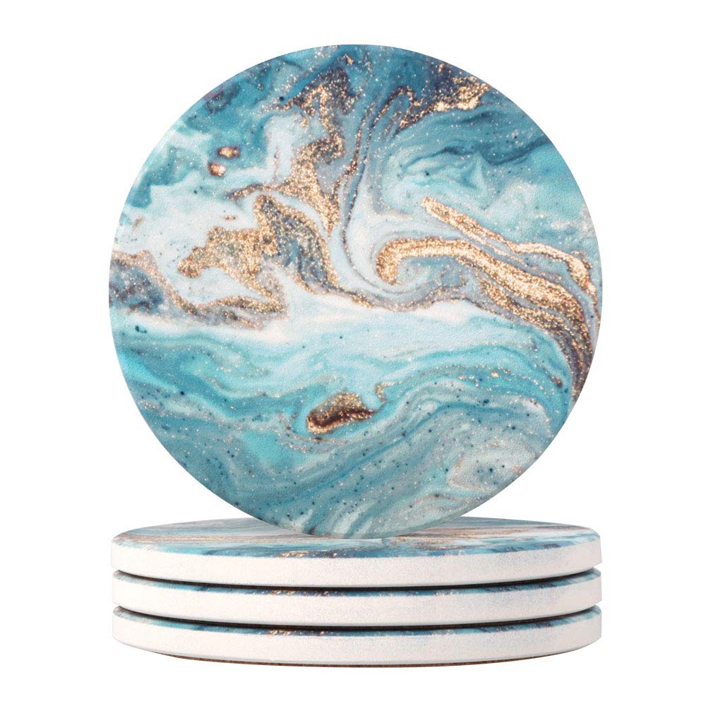 Lahome Forest Pattern Coasters - Round Drinks Absorbent Stone Coaster Set with Ceramic Stone and Cork Base for Kinds of Mugs and Cups (Forest, 4)