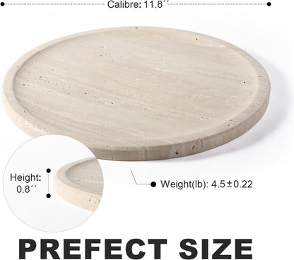 Travertine Tray, 11.8" Marble Round Serving Tray for Kitchen and Coffee Table, Bathroom Trays for Counter, Decorative Vanity Trays, Catchall Fruit and Snack, Light Beige Ottoman Tray