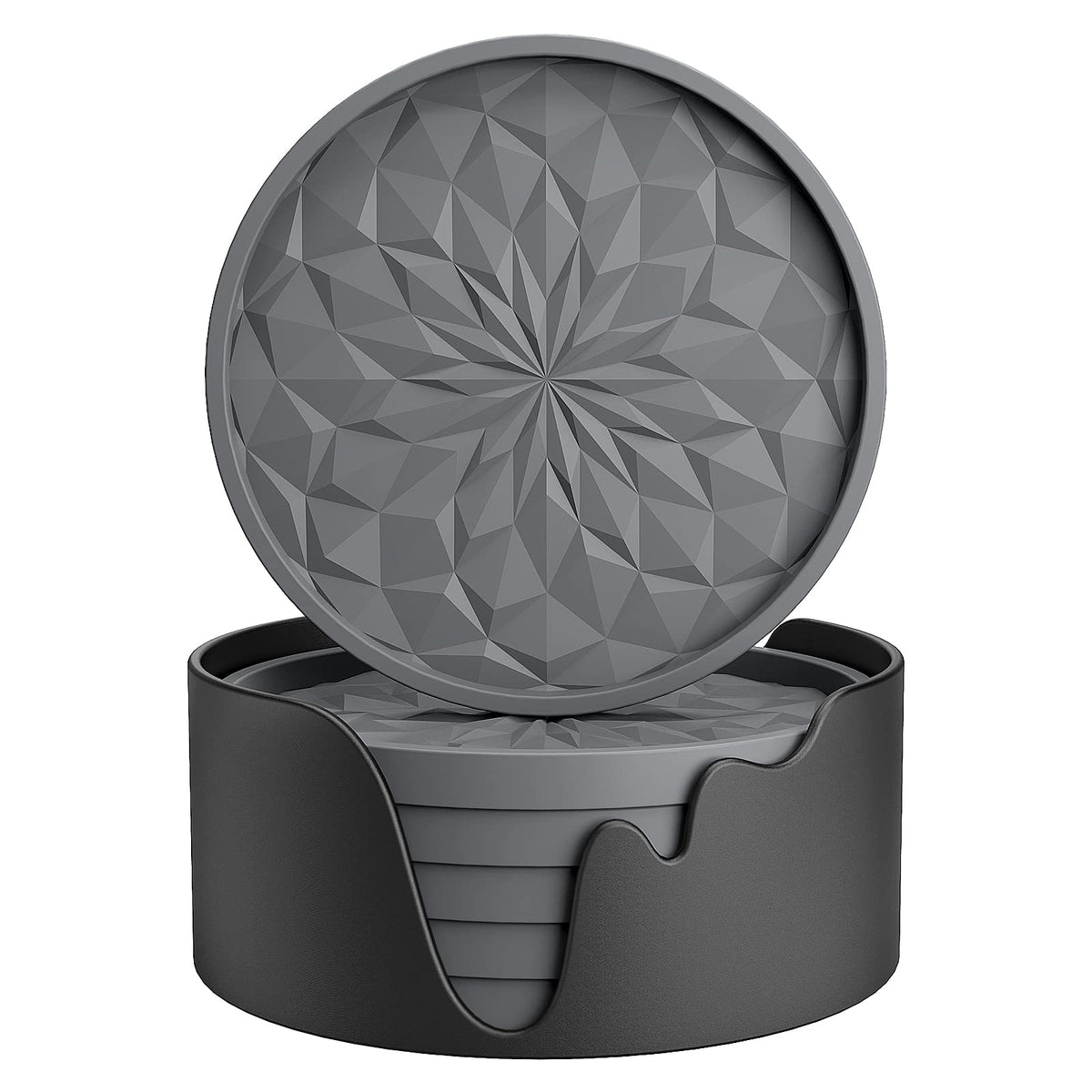ME.FAN Silicone Coasters with Holder,[6 Pack] Drinking Coasters - Cup Mat for Hot or Cold Drinks, Thickened, Non-Slip, Non-Stick,Deep Tray Black