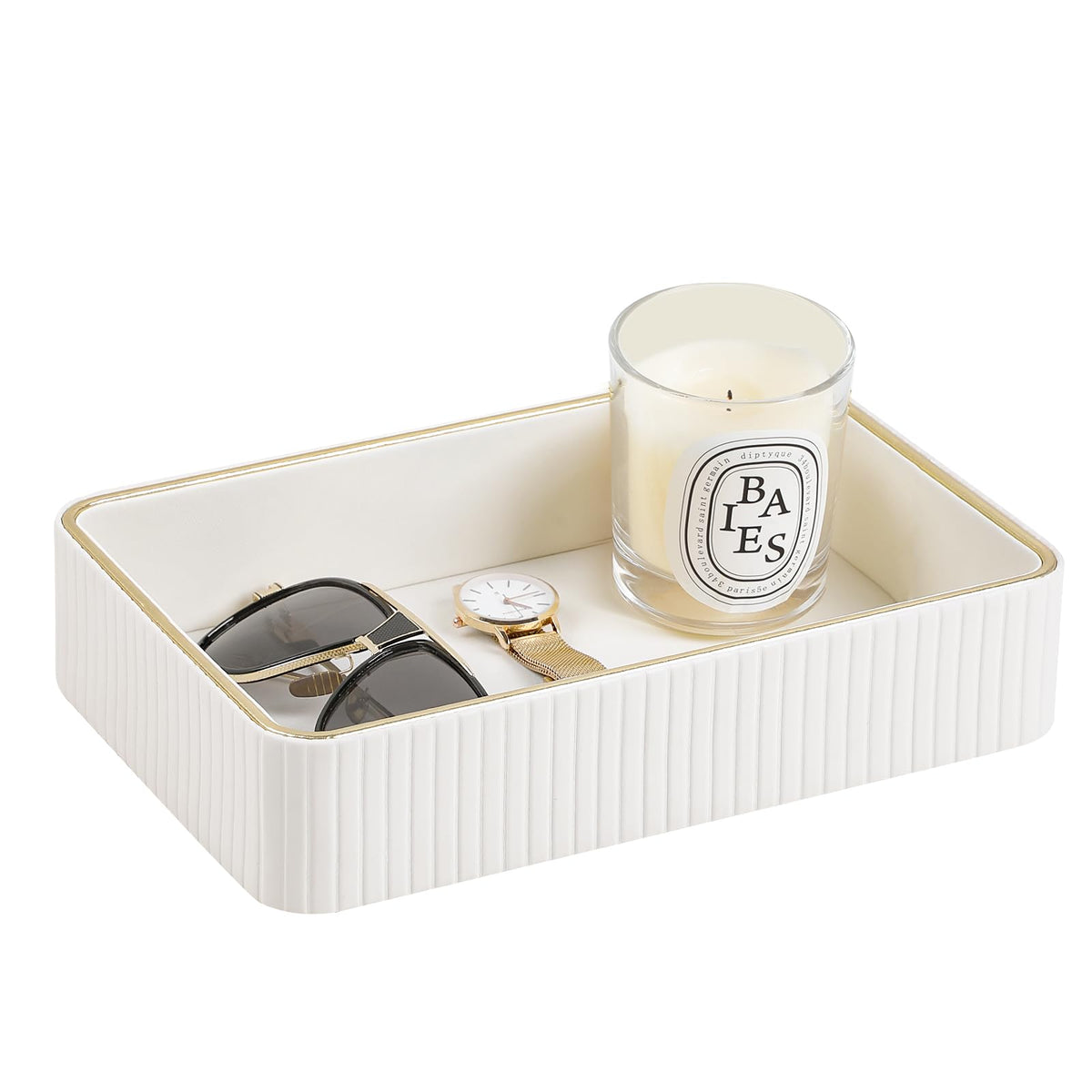 Desk Organizer Tray, PU Leather Nightstand Organizer, Ivory, Small