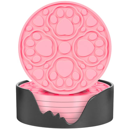 4 Inch Non-Slip Silicone Drink Coasters Set of 6 with Holder Pink