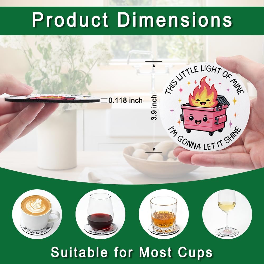 This Little Light of Mine I’m Gonna Let It Shine Drink Cup Holder Coaster Set of 2, Funny Dumpster Fire Coffee Cup Mats for Office Desk Decor, Inspirational Work Gifts for Women Men Coworkers