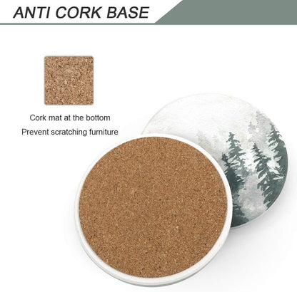 Lahome Forest Pattern Coasters - Round Drinks Absorbent Stone Coaster Set with Ceramic Stone and Cork Base for Kinds of Mugs and Cups (Forest, 4)