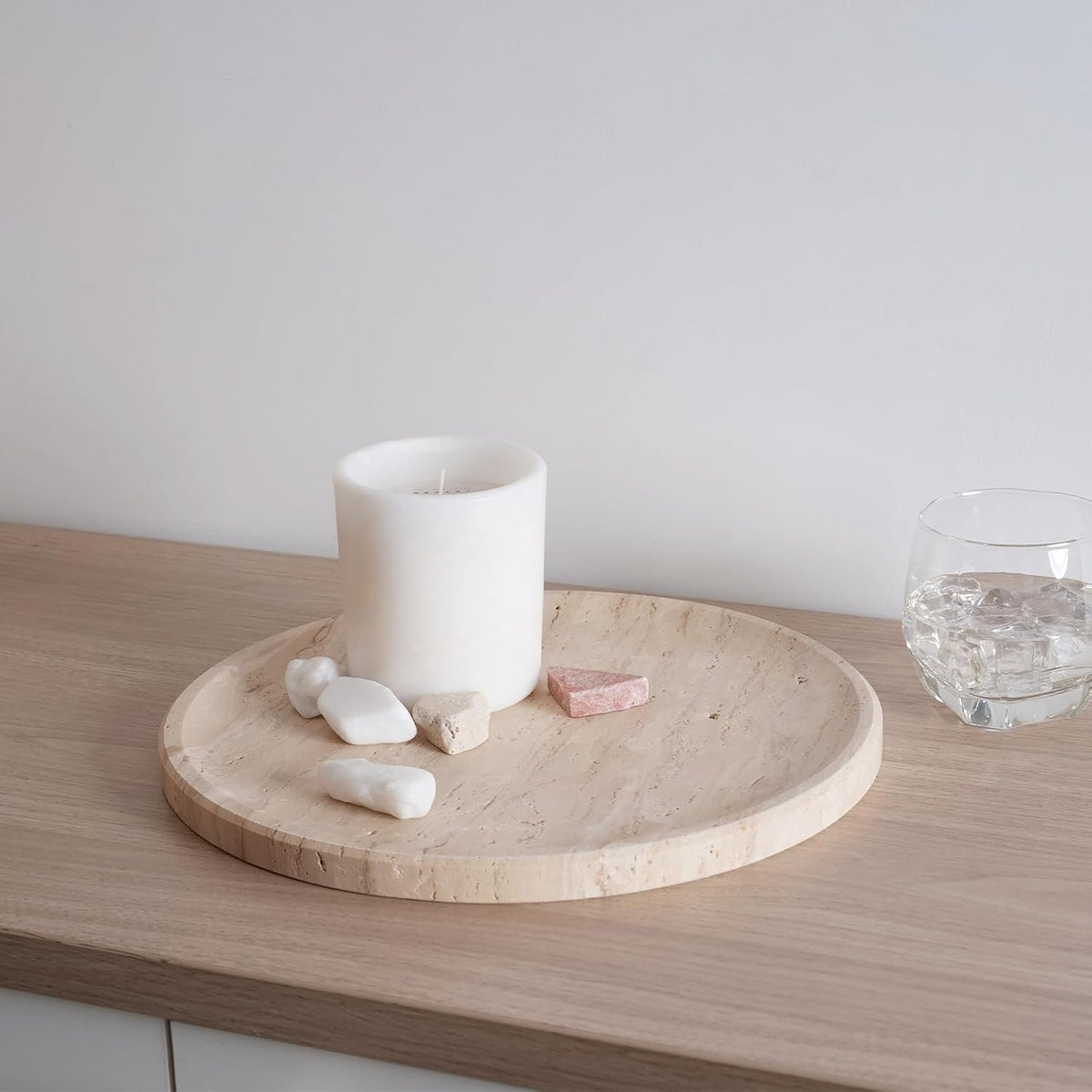 Travertine Tray, 11.8" Marble Round Serving Tray for Kitchen and Coffee Table, Bathroom Trays for Counter, Decorative Vanity Trays, Catchall Fruit and Snack, Light Beige Ottoman Tray