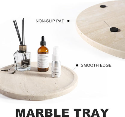 Travertine Tray, 11.8" Marble Round Serving Tray for Kitchen and Coffee Table, Bathroom Trays for Counter, Decorative Vanity Trays, Catchall Fruit and Snack, Light Beige Ottoman Tray