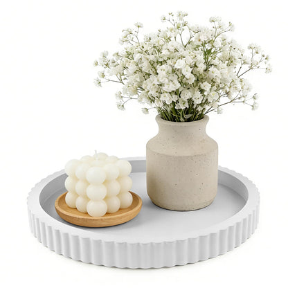 Modern Decorative Tray for Coffee Table, 11" Wooden Gray Beige Round Small Decor Tray for Candle, Perfume, Vanity, Kitchen Island Counter & Table Centerpiece