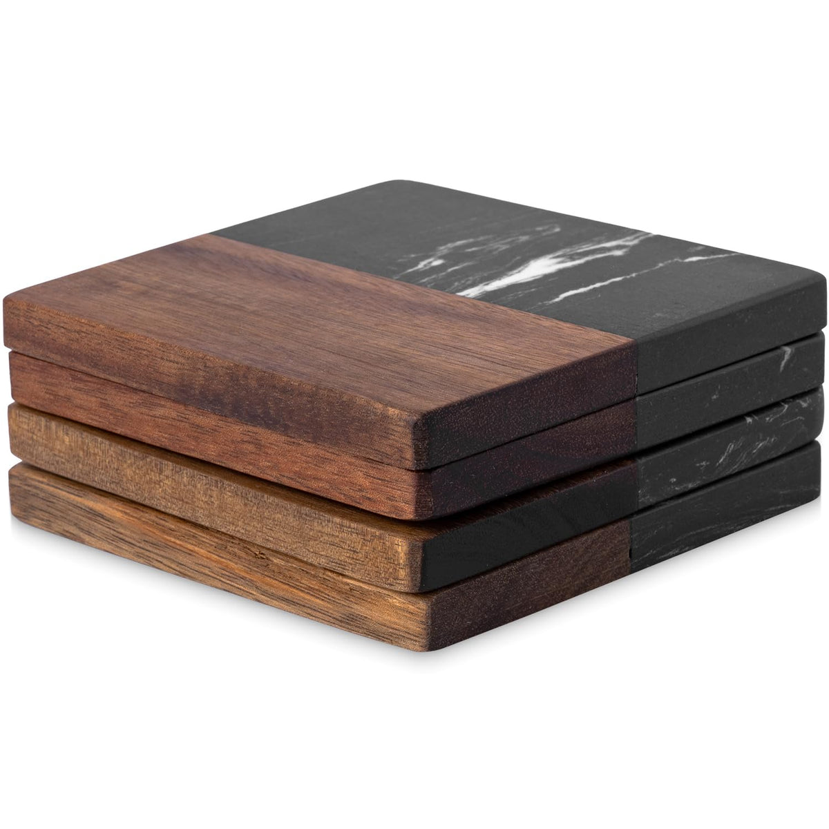 Marble Coasters: 4-piece Set of Acacia Wood Marble Coasters, Suitable for Kitchens, Offices, and can be Used as Gifts (Round White)