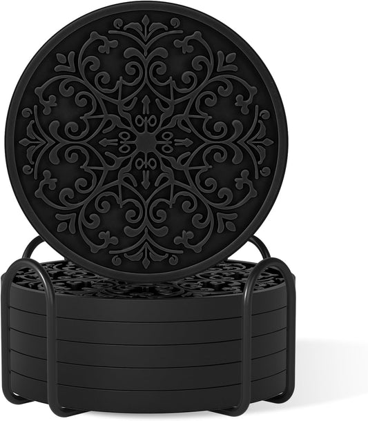 Drink Coasters, Coasters Set of 6 with Holder, Non-Slip Silicone Cup Mat