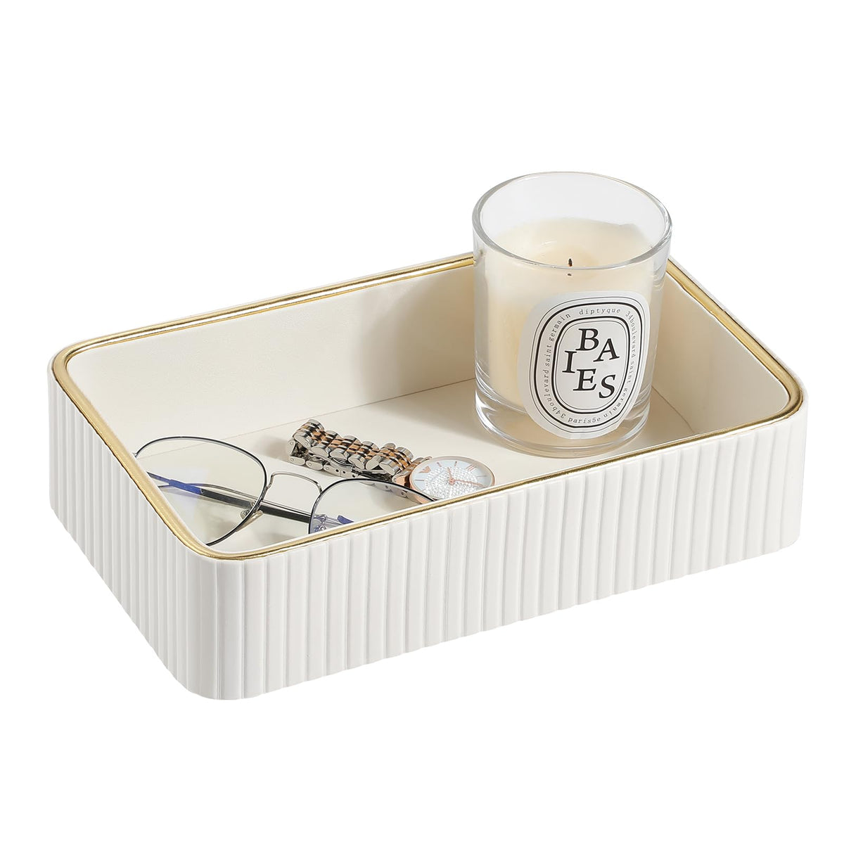Desk Organizer Tray, PU Leather Nightstand Organizer, Ivory, Small