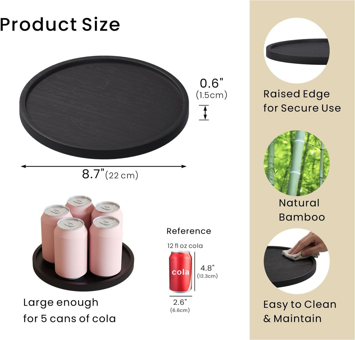 VERTORGAN Bamboo Serving Tray,8.7 Inch Trays,Home Decor(Black)