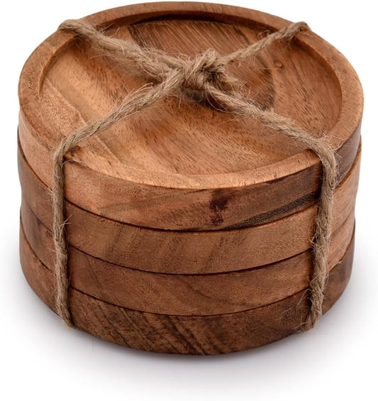 Kaizen Casa Wooden Coasters for Drinks - Natural Acacia Wood Drink Coaster Set for Drinking Glasses, Tabletop Protection for Any Table Type, Set of 4