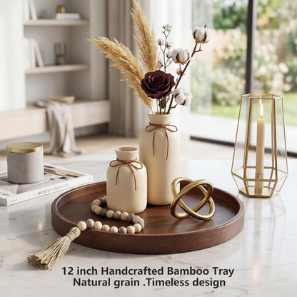 Round Bamboo Tray, 12 Inch Decorative Serving Tray with Walnut Finish Coffee Table Tray, Natural Bamboo Ottoman Tray for Vanity, Snacks, Vanity, Entryway & Home Decor