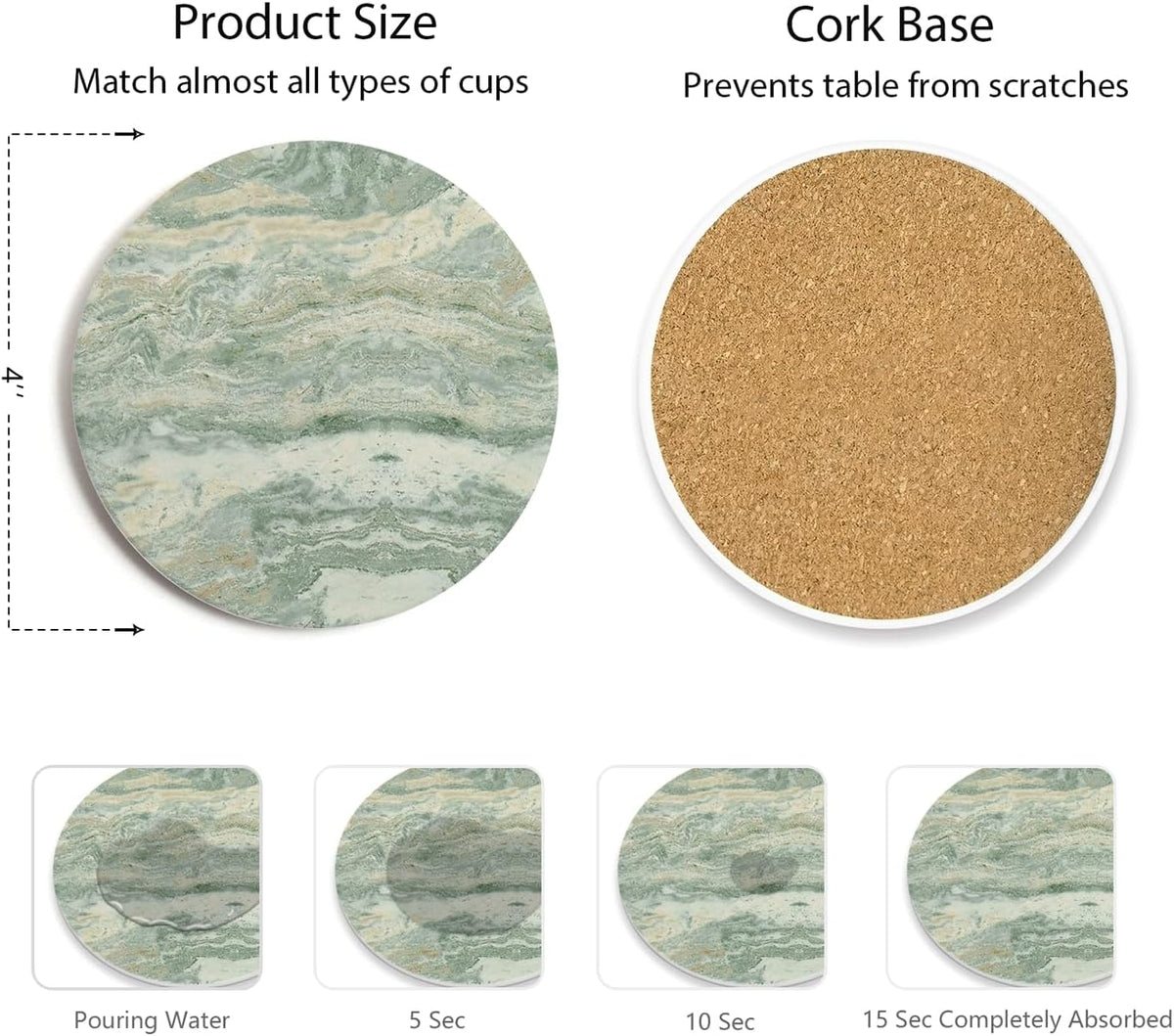 Set of 6 Sage Green Abstract Onyx Marble Coasters with Holder, Absorbent Ceramic Coasters for Drinks, Coasters with Cork Backing for Table Protection, Coffee Table Decor