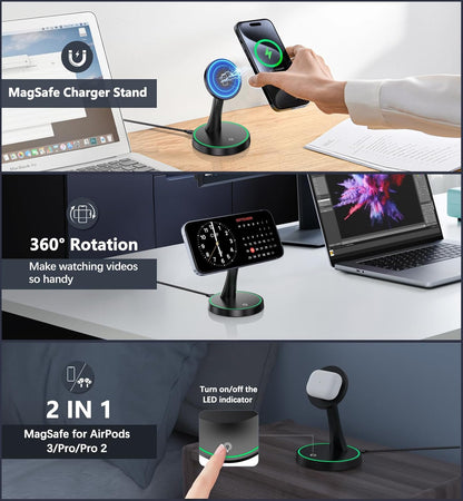Magnetic Wireless Charger Stand 15W Fast Mag-Safe Charger for iPhone 17/17 pro/ 17 Air/ 17 pro max 16/15/14/13/12 Series Magnet Wireless Charging Station/Pad with Sleep-Friendly Light for AirPods