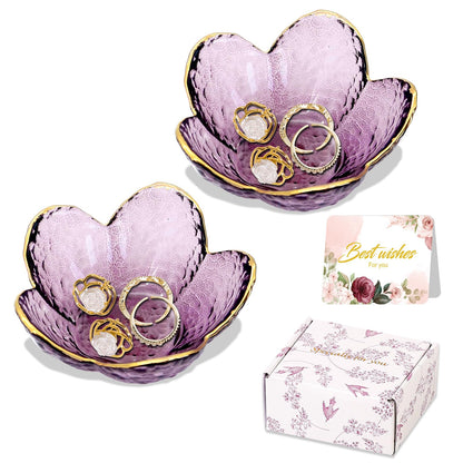 Purple Flower Jewelry Dish Glass Ring Holder Dish Jewelry Tray Cute Vanity Organizer Aesthetic Nightstand Bathroom Room Decor Trinket Dish Mothers Day Friendship Christmas Birthday Gifts for Women