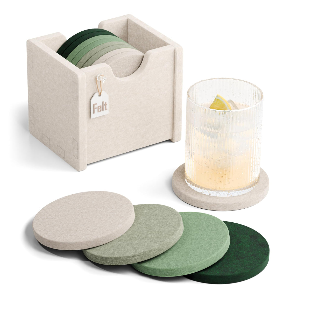 Fluxynara Felt Coasters with Holder, Set of 8 for Drinks, Oatmeal