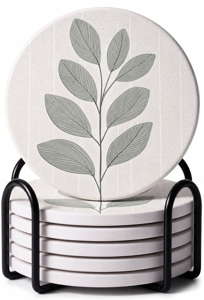 VEYRO Absorbent Ceramic Stone Drink Coasters Set of 6 with Holder