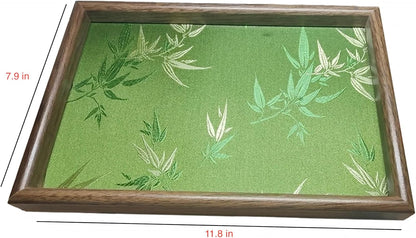 Bamboo Embroidered Decorative Tray Wooden Catchall Tray for Dresser, Nightstand, Entryway Table, Jewelry, Keys and Small Items