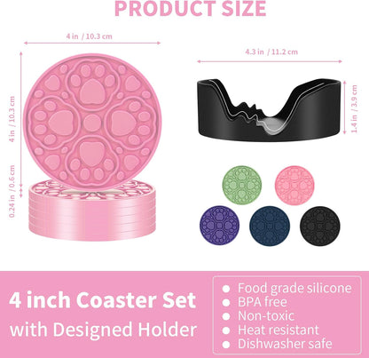 4 Inch Non-Slip Silicone Drink Coasters Set of 6 with Holder Pink