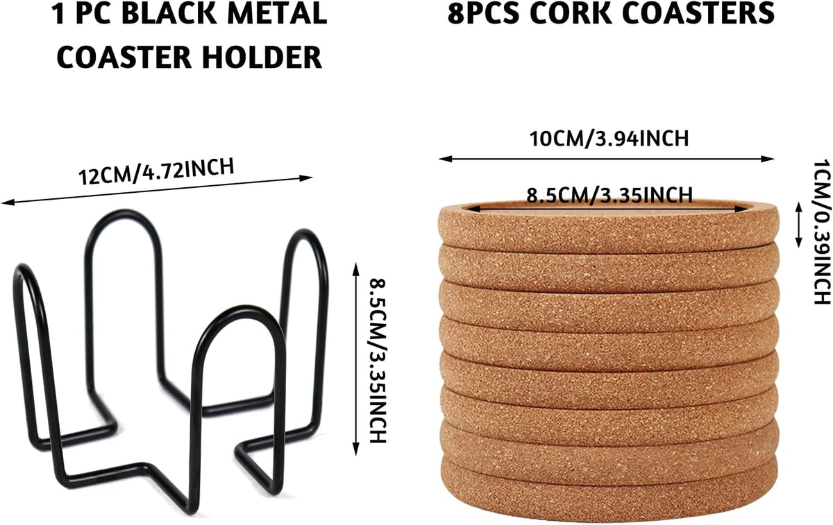Cork Coasters for Drinks Set of 8 with Holder, 4 in Diameter