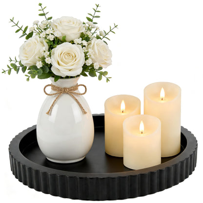 Modern Decorative Tray for Coffee Table, 11" Wooden Gray Beige Round Small Decor Tray for Candle, Perfume, Vanity, Kitchen Island Counter & Table Centerpiece