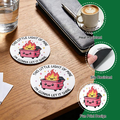 This Little Light of Mine I’m Gonna Let It Shine Drink Cup Holder Coaster Set of 2, Funny Dumpster Fire Coffee Cup Mats for Office Desk Decor, Inspirational Work Gifts for Women Men Coworkers