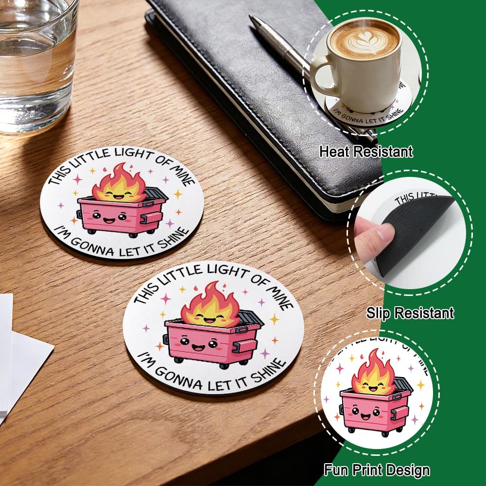 This Little Light of Mine I’m Gonna Let It Shine Drink Cup Holder Coaster Set of 2, Funny Dumpster Fire Coffee Cup Mats for Office Desk Decor, Inspirational Work Gifts for Women Men Coworkers
