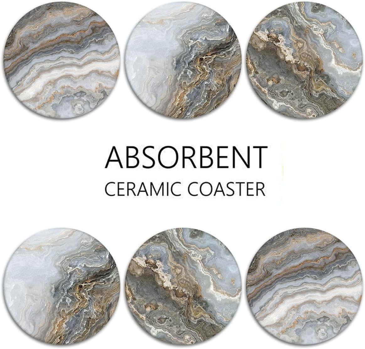 Britimes Coasters for Drinks, Set of 6, Ceramic Stone, Grey Marble